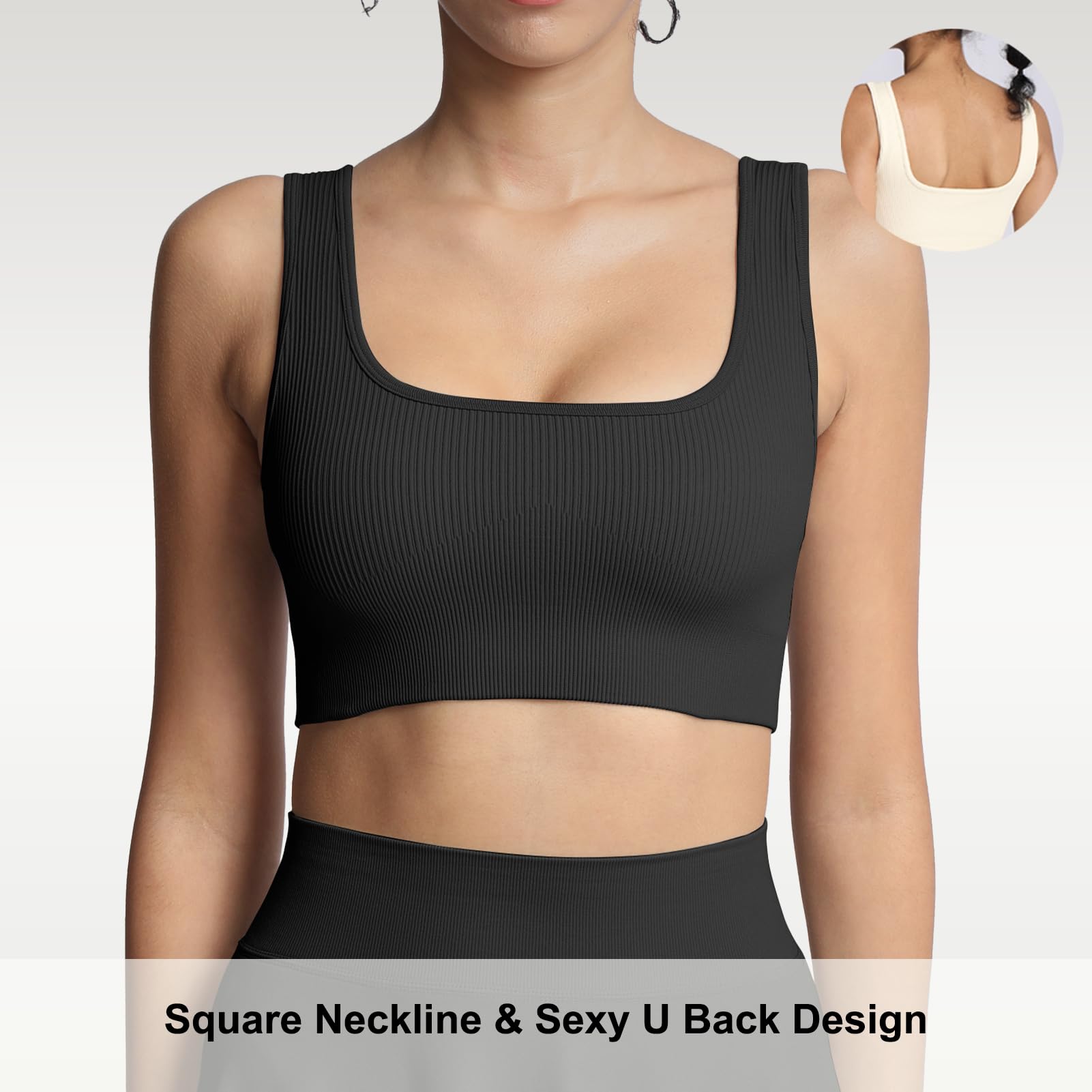 Lemef Soutien-Gorge de Sport pour Femme à col carré côtelé sans Couture Soutien Moyen débardeur d'entraînement sans Rembourrage
