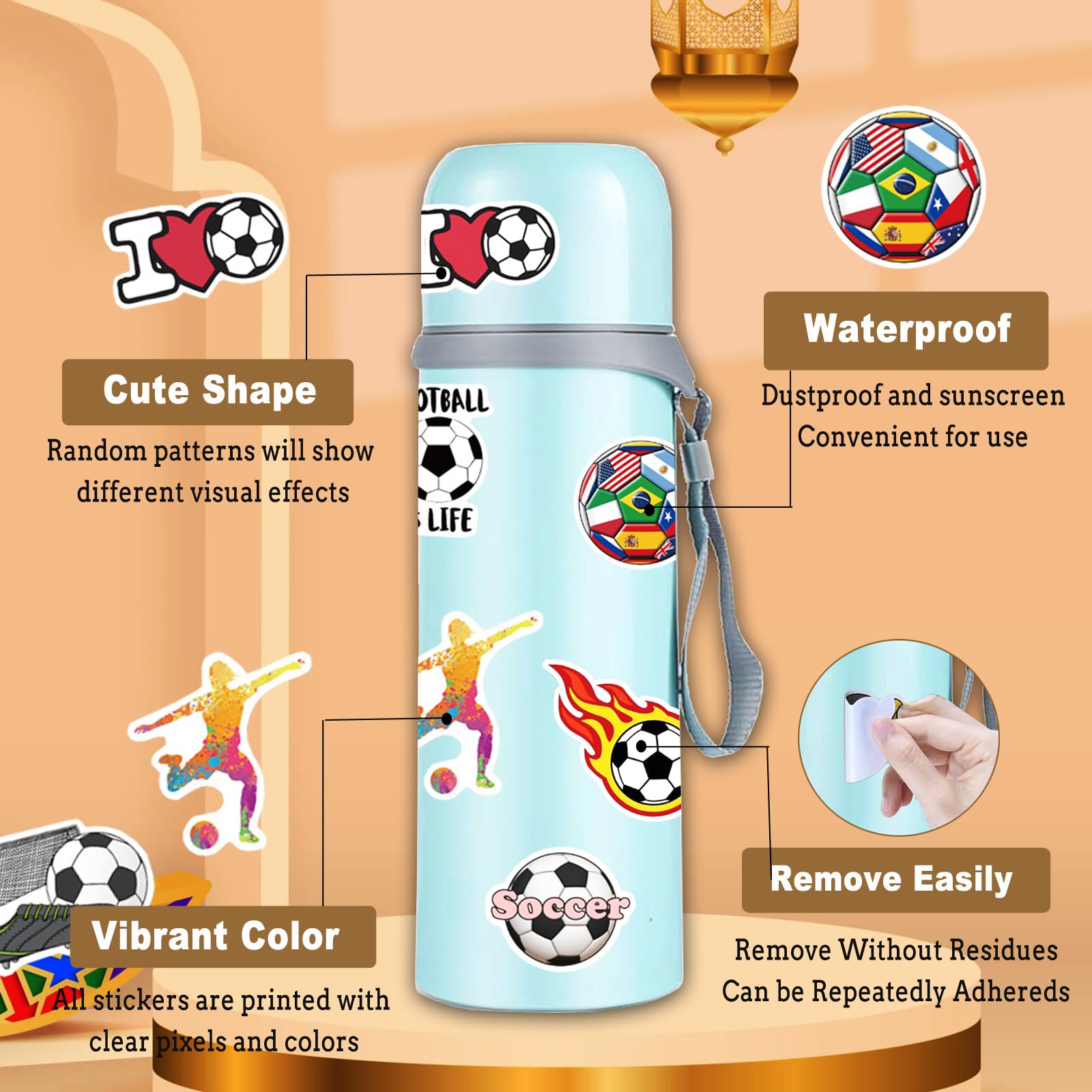 100PCS Cute Soccer Stickers Pack - Waterproof Vinyl Decals For Water Bottles, Laptops & Sports Gear