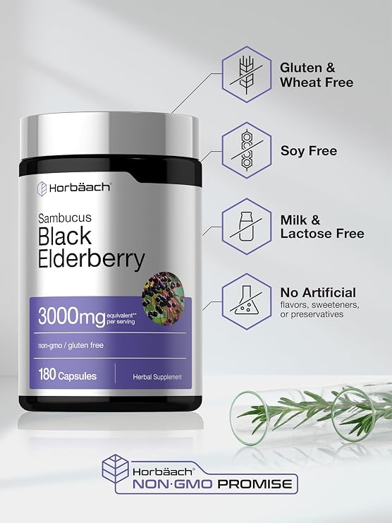 Horbaach Black Elderberry | 180 Capsules | Sambucus Extract Supplement | Non-GMO & Gluten Free