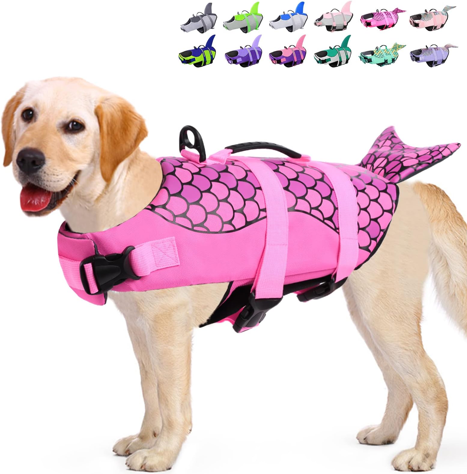 KOESON Shark Dog Life Vest with Rescue Handle, Ripstop Pet Float Coat for Swimming, Safety Lifesaver Pet Life Preserver High Buoyancy Swimsuit for Small, Medium, Large Dogs Pink XL