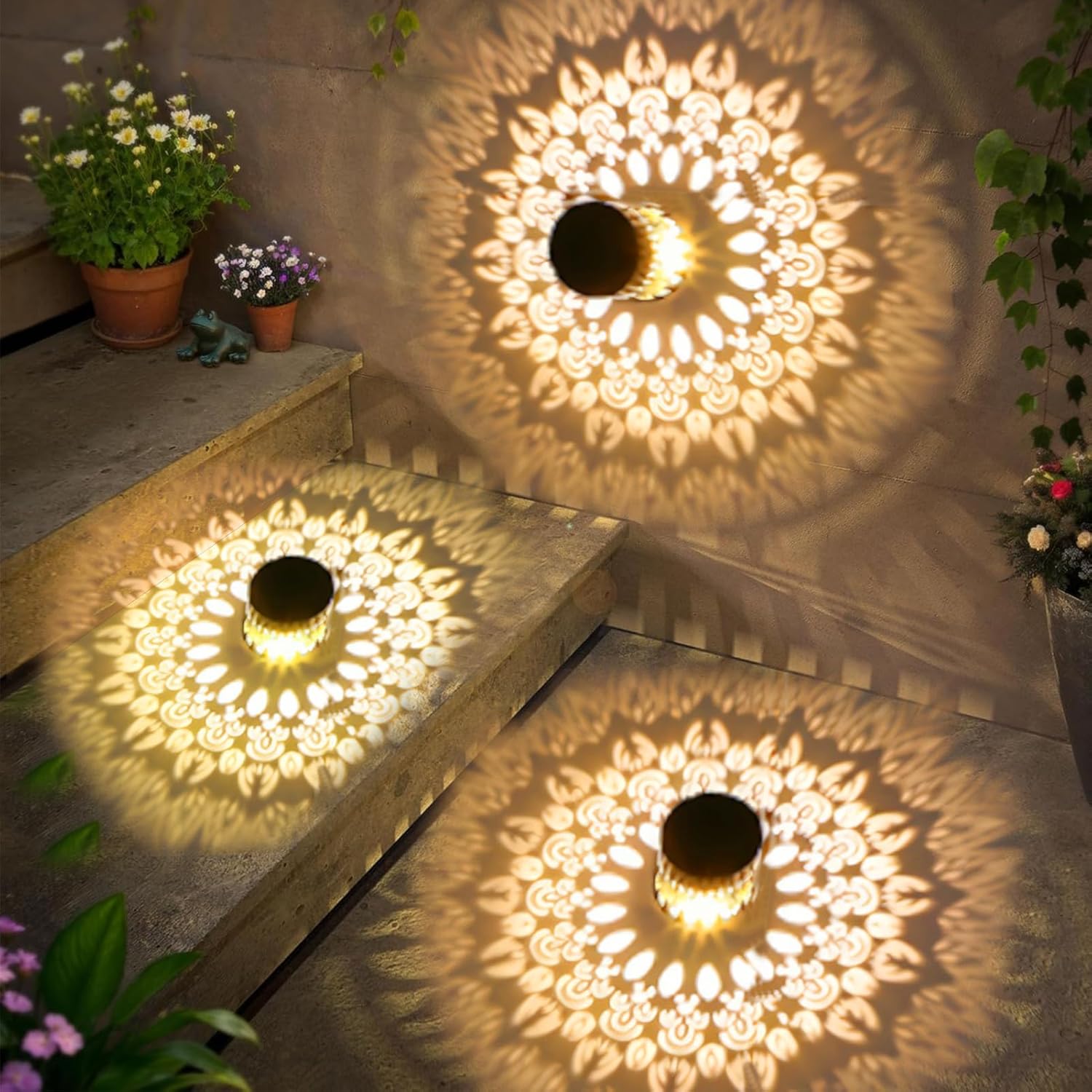 Neoglint 2 Pack Solar Mandala Fence Lights, Decorative Metal Solar Powered Outdoor Wall Deck Lights, IP55 Waterproof Warm White Mandala Lights Outdoor for Garden Patio Backyard Step Decor