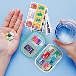 DIY Pocket Pharmacy with Medicine Labels, Travel Pill Organizer with 189 Medicine Labels & 64 White Stickers, 8 Compartments Portable Pill Case Small Daily Weekly Pill Container Medication Box (Blue)