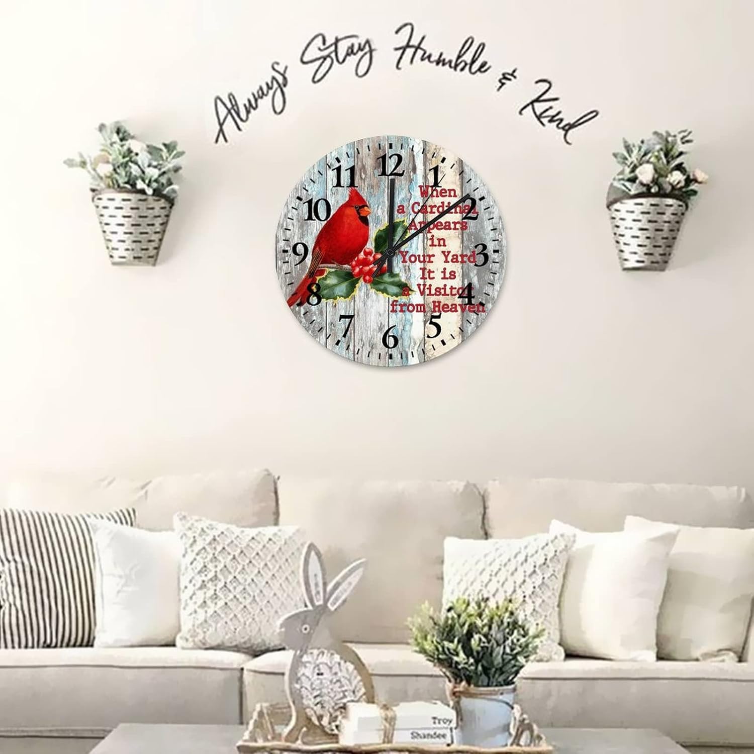 When A Cardinal Appears in Your Yard Its A Visitor from Heaven Clock Wooden 15 Inch, Memorial Christmas Bedroom Decorations Quartz Analog Quiet Round Arabic Numeral Clock