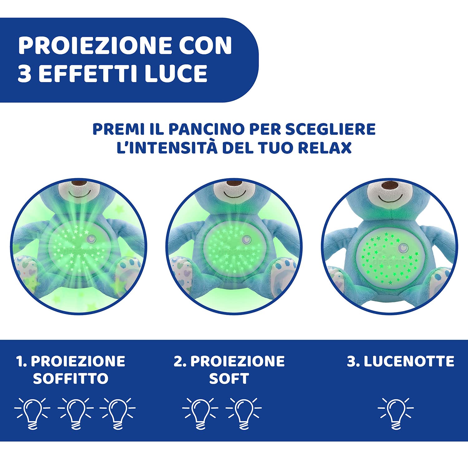 Chicco First Dreams Orsacchiotto Peluche Baby Bear, Soffice Pupazzo Proiettore con Luce Notturna Bambini, Effetti Luminosi e Rilassanti Melodie, Azzurro - Giochi Neonato 0 Mesi +