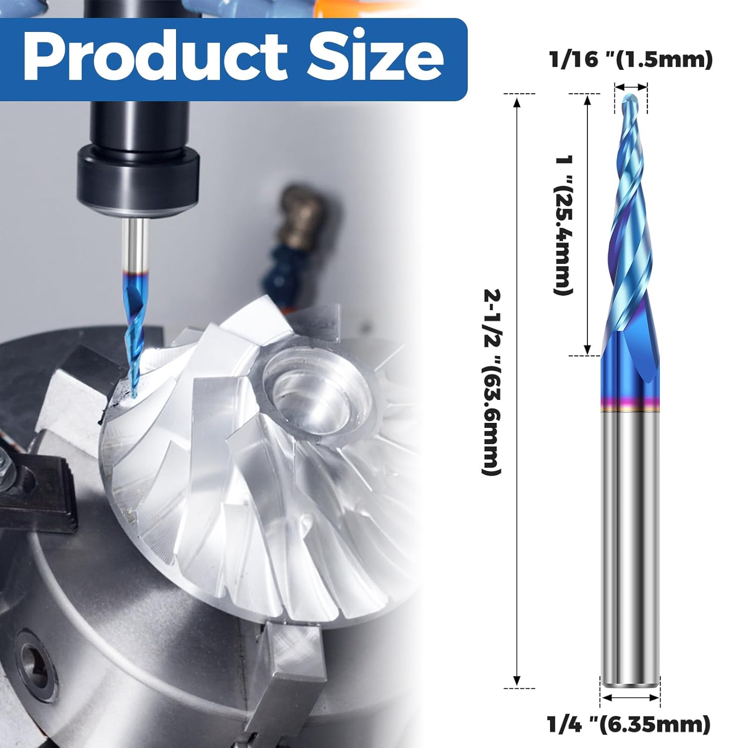 Tapered Ball Nose End Mills, 1/4 Inch Shank, 1/16" Tip Diameter, 5.4 Degree, YK20 Carbide 2 Flute CNC Router Bit, Professional Woodworking Engraving Tool for 2D/3D Milling Engraving Carving