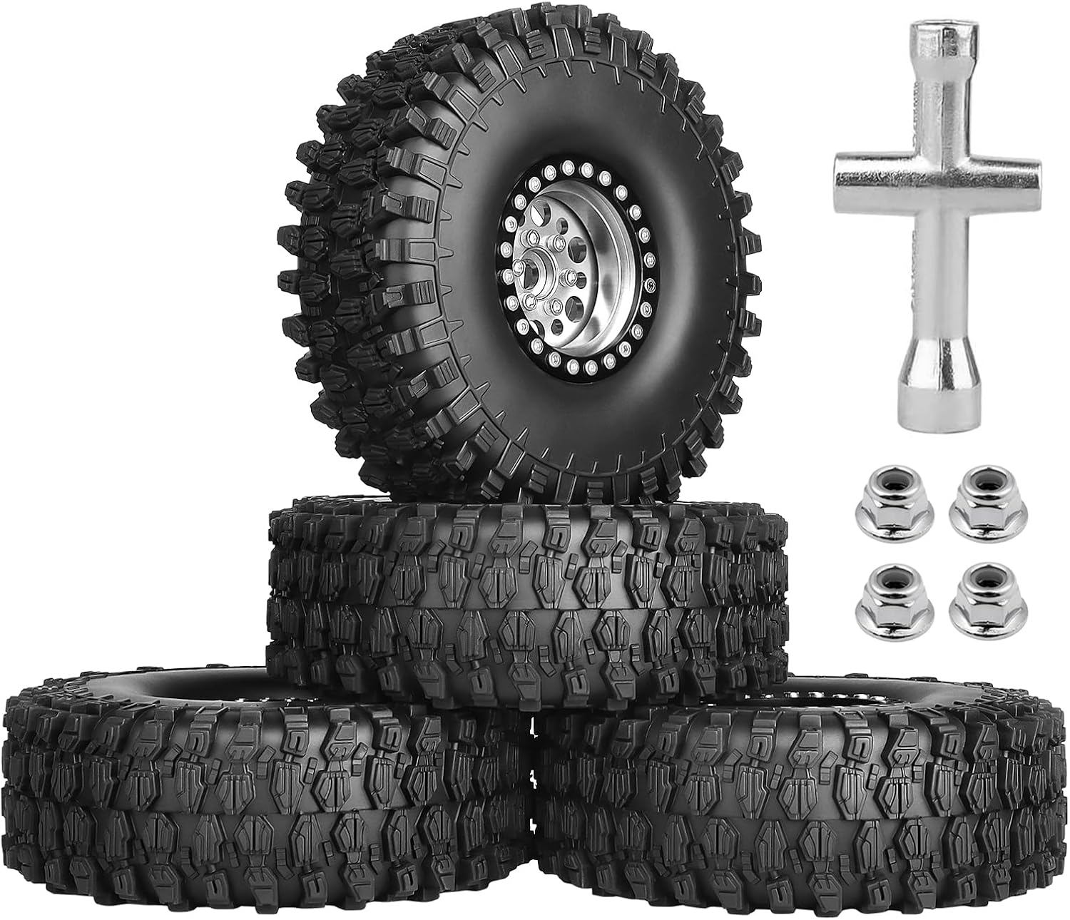1.9 Beadlock Wheels and Tires 120mm Mud Tires for Axial SCX10 90046 SCX10 II Traxxas TRX-4 Redcat Gen 8 1/10 RC Crawler, 4PCS(Silver)