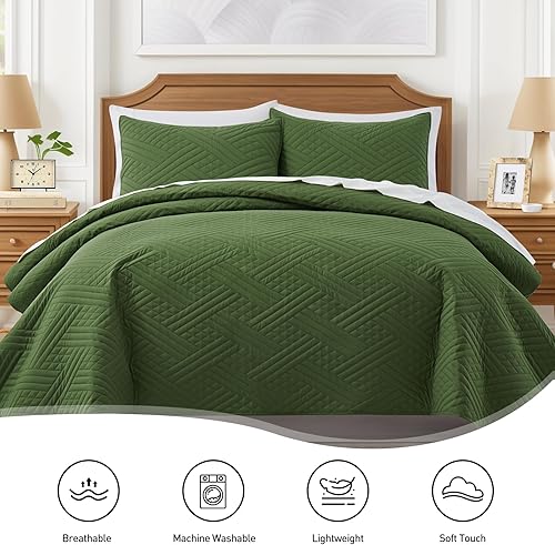 Miniatura 4 de Lavsiry Edredón de tamaño King con patrón de rayas, juego de ropa de cama ligero de verano verde delgado, colcha y colcha de microfibra suave para