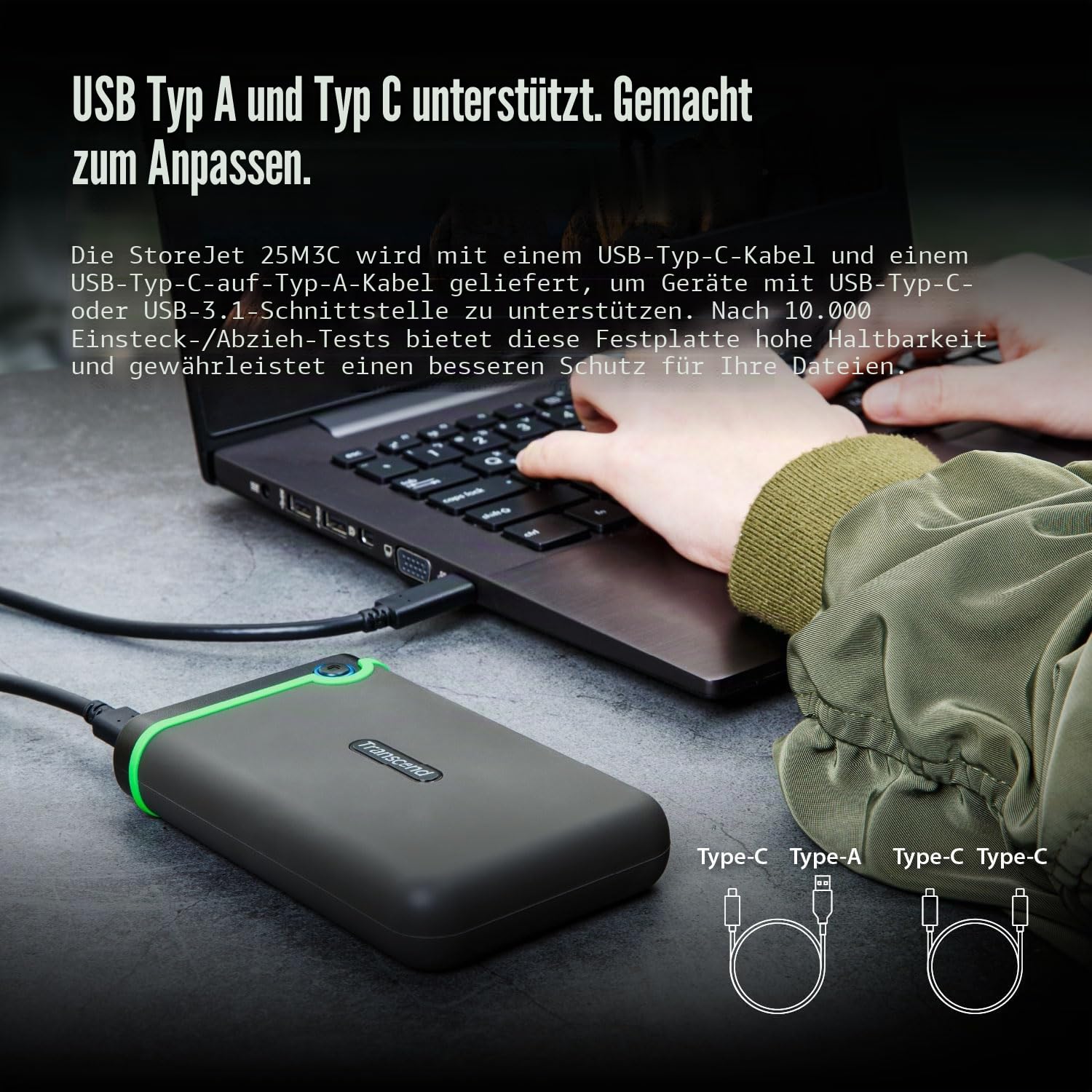 Transcend StoreJet 25M3C 2TB Externe Festplatte, USB Type-C, Anti-Schock (Militärstandard), USB 3.1 Gen 1, 2.5 Zoll, Eisengrau| Ideal für MacBook, iPad Pro & USB-C Laptops