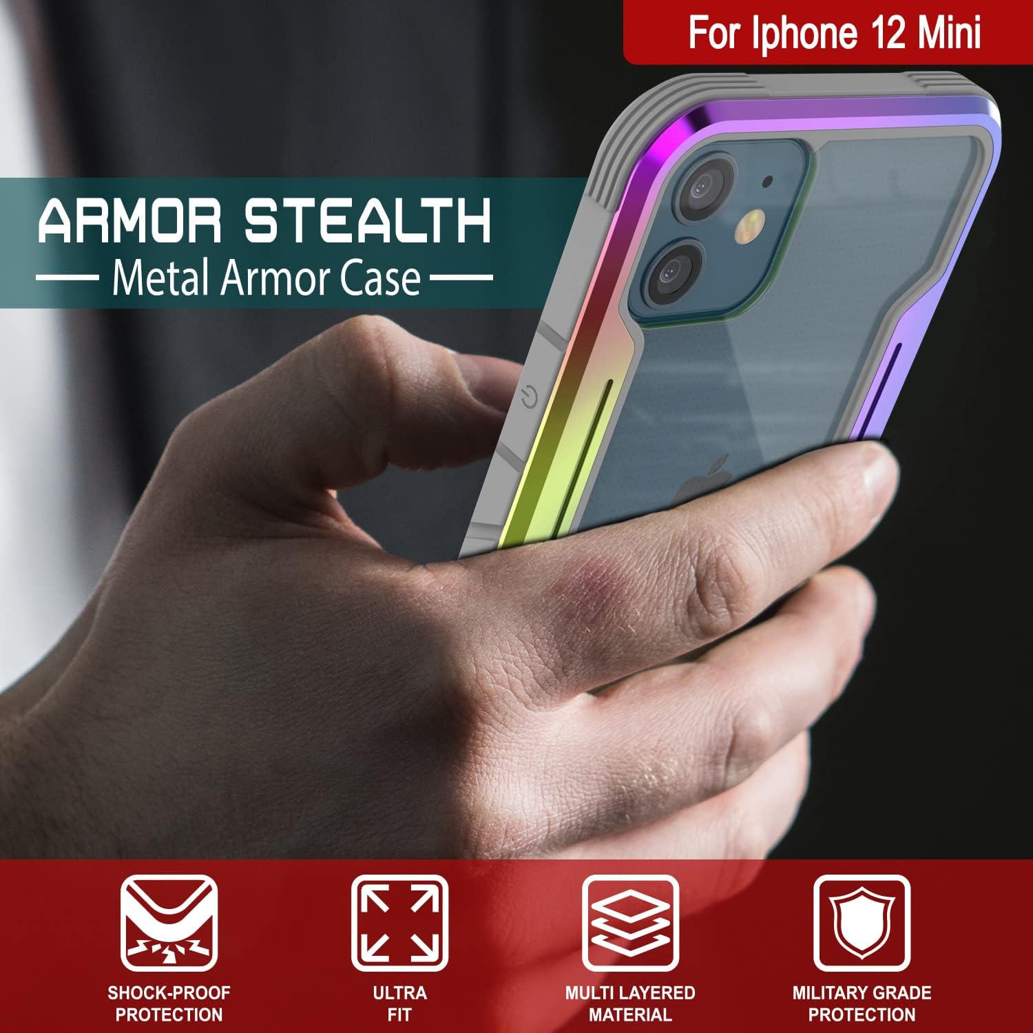 Punkcase Designed for iPhone 12 Mini [Armor Stealth Series] Protective Military Grade Cover W/Aluminum Frame [Clear Back] Ultimate Drop Protection for iPhone 12 Mini (5.4") (2020) (Rainbow)