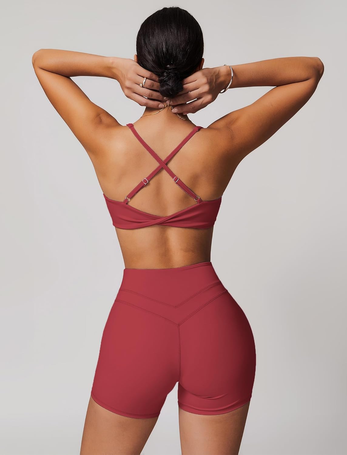 ABOCIW Workout Sets for Women 2 Piece V Neck Twist Back Sports Bra High Waist Biker Shorts Yoga Outfits - Image 4