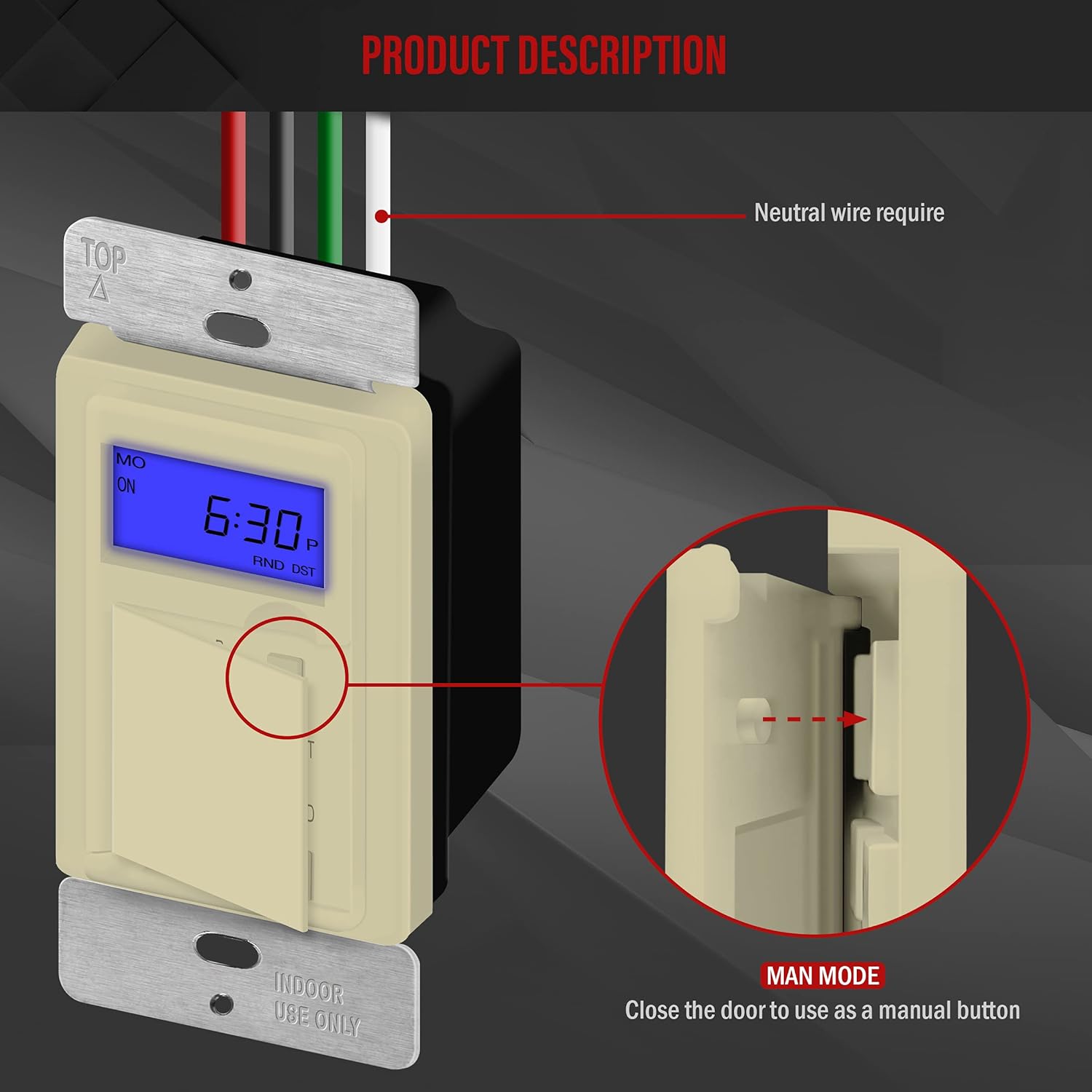 Enerlites 7 Days Digital in-Wall Programmable Timer Switch for Lights, Fans, and Motors, Single Pole, Neutral Wire Required, 7-Day 18 ON/Off Timer Settings, with Blue Backlight, HET01, Ivory: Tools & Home Improvement