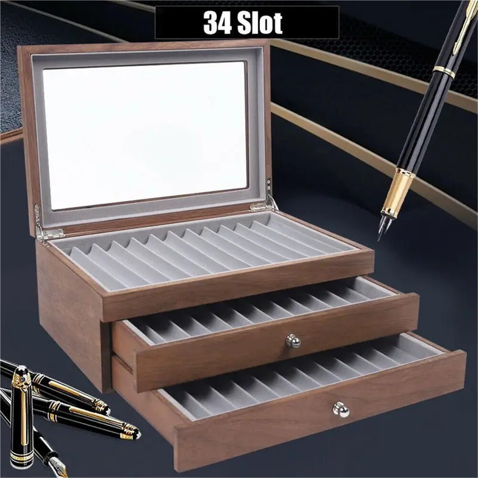 Portapenne da 34 scomparti in legno di noce con cassetto, espositore for cancelleria for studenti Per Ufficio Casa