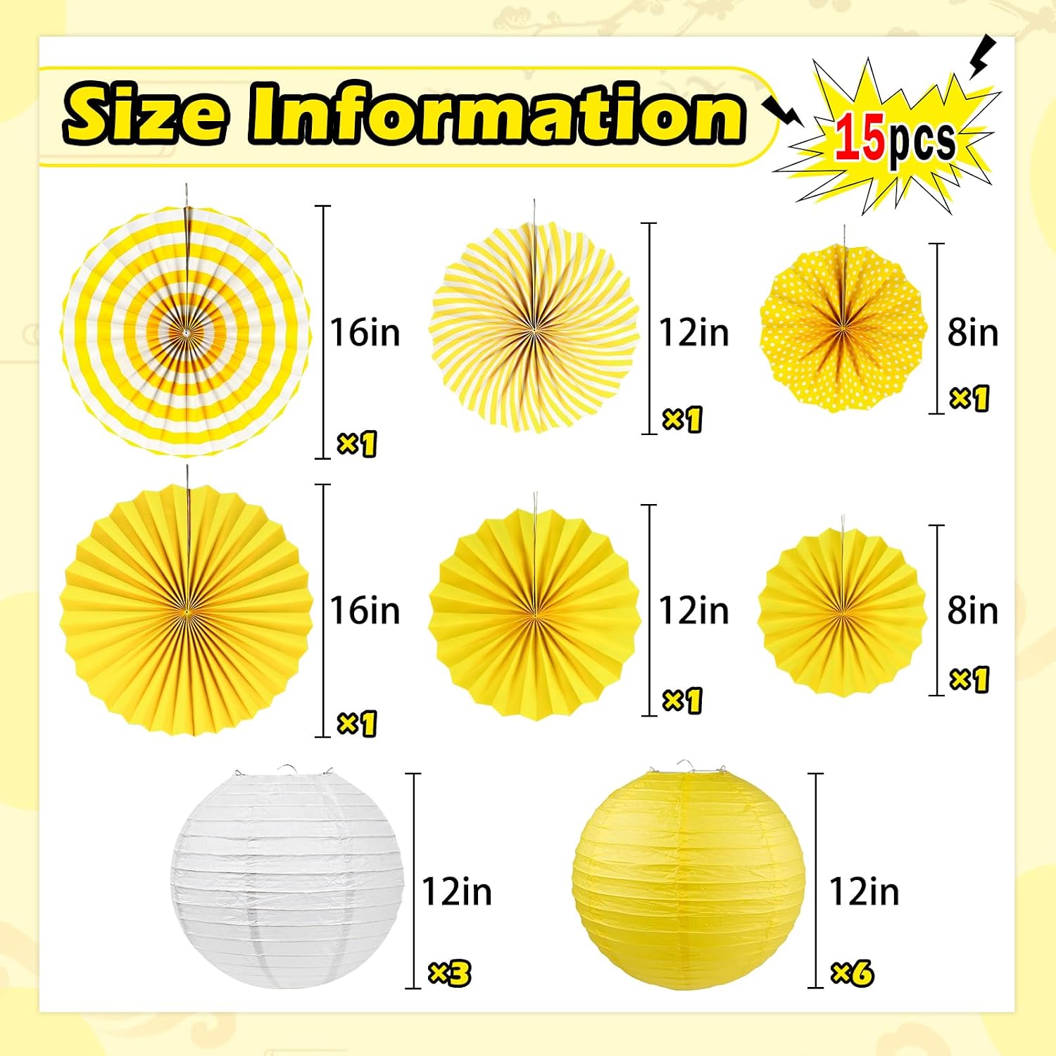 15Pcs Yellow Party Decorations Kit, Hanging Yellow and White Paper Lanterns Fans for Home Birthday Wedding Graduation Picnic BBQ Baby Shower Thanksgiving Fall Party Decorations