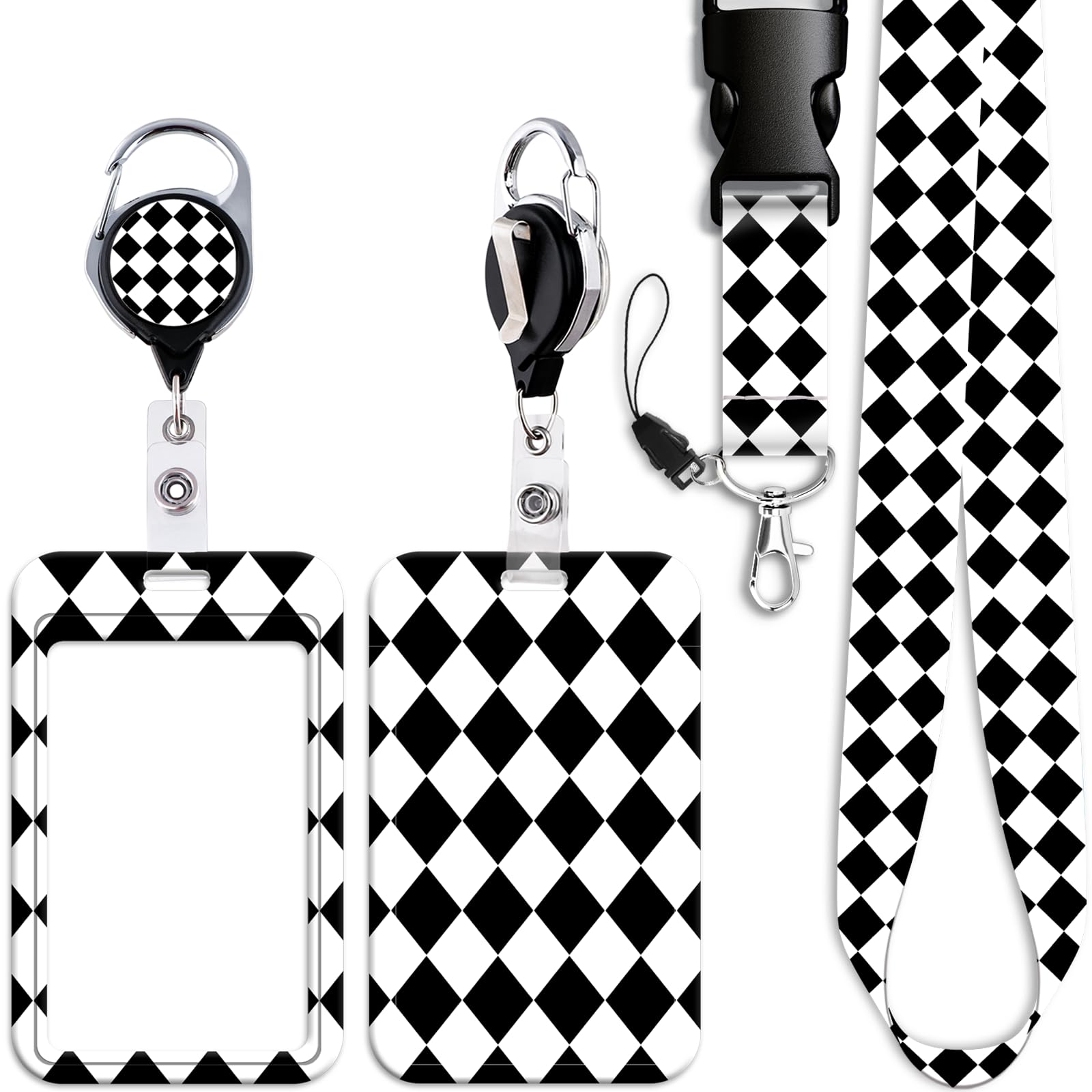 Cool Black & White ID Card Holder Lanyard Checked Retractable Heavy Duty Badge Reel Clip Cute Breakaway Keychain Lanyard for Keys & ID Badge for Women Girls Men Nurses Teens Preppy School ID Holder