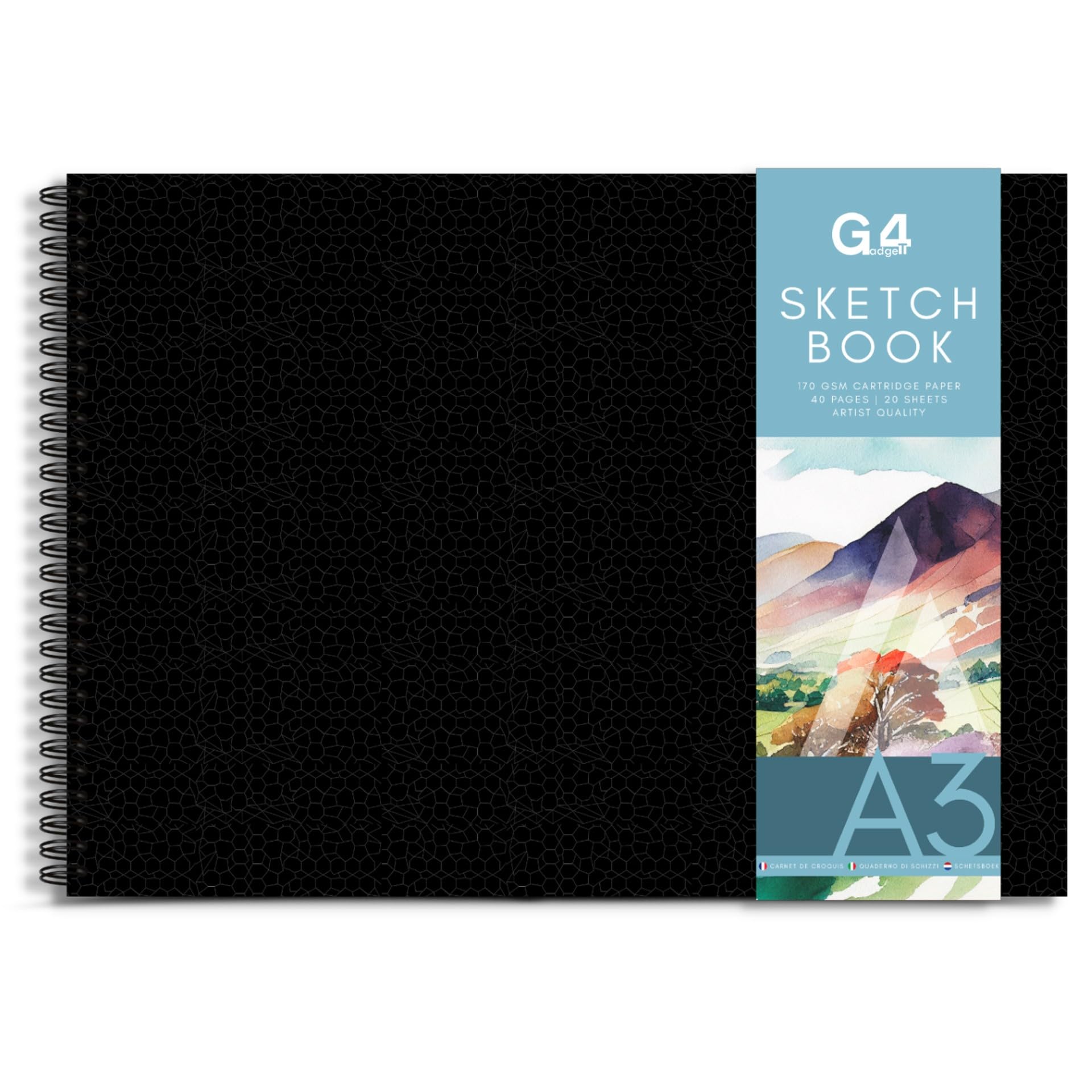 G4GADGET A3 Sketchbook Landscape Hardback Black – 170GSM Thick Drawing Paper, Spiral Bound Sketch Pad with Perforated Pages, A3 Drawing Book for Sketching, Art, Pencil, Charcoal & Illustration