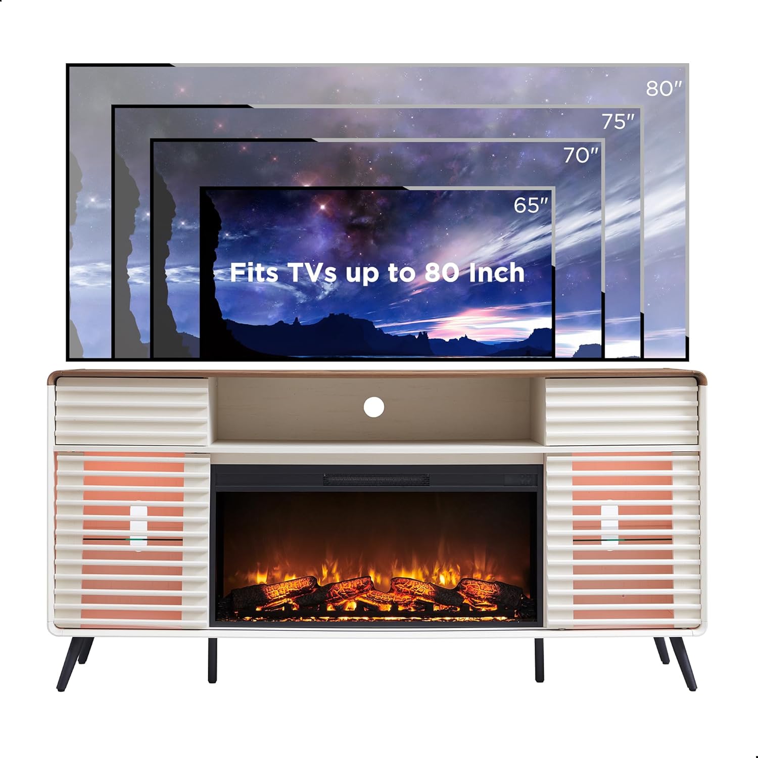 Diagram illustrating various TV sizes (65, 70, 75, 80 inches) fitting on the TV stand.