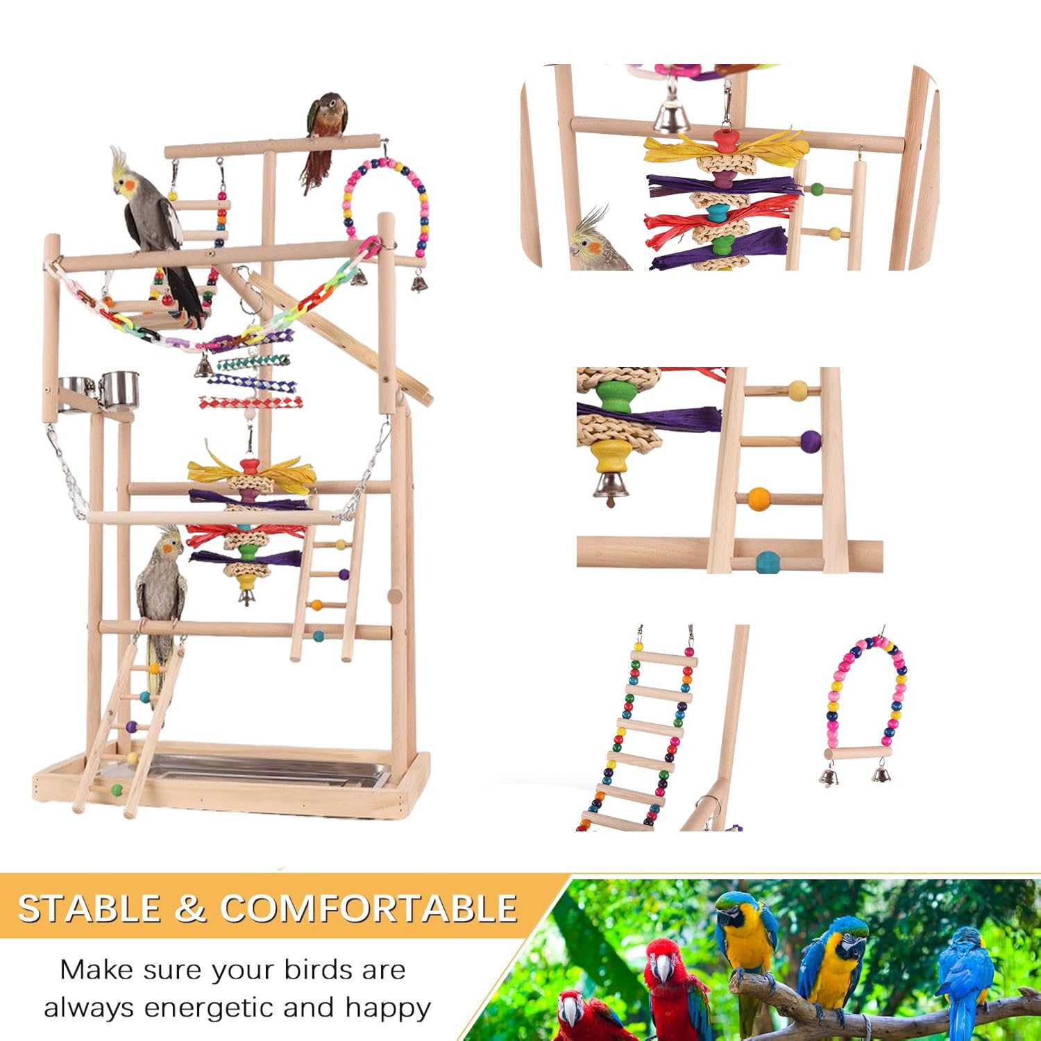 Parque Infantil de Cacatúas,con Comederos de Acero Inoxidable, Cadena de Plástico de Colores para Mascotas, para Loros y Otros Pájaros,94.5 * 48 * 33.5cm