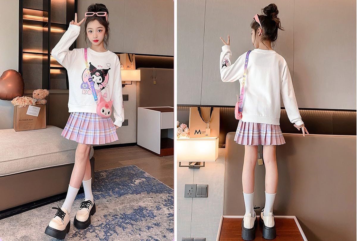 Girls 3 Piece Outfits Cartoon Crewneck Long Sleeve Pullover Sweatshirt + Plaid Pleated Mini Skirt + Bag Sets