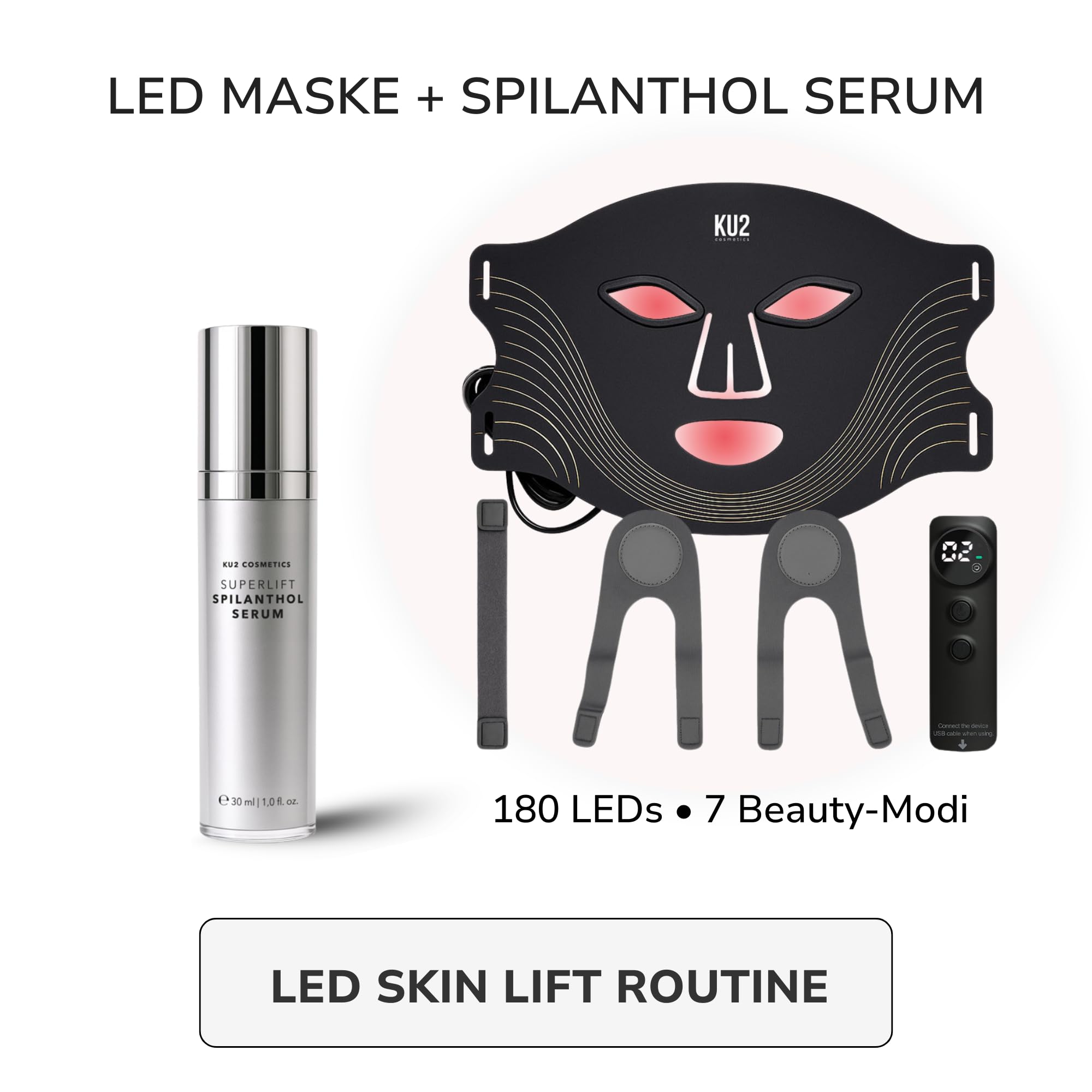 KU2 LED Lichttherapie Maske + Superlift Spilanthol Serum – Anti Aging Hautpflege Set mit Multi Hyaluron & Peptiden – LED Gesichtsmaske für glattere & hydratisierte Haut