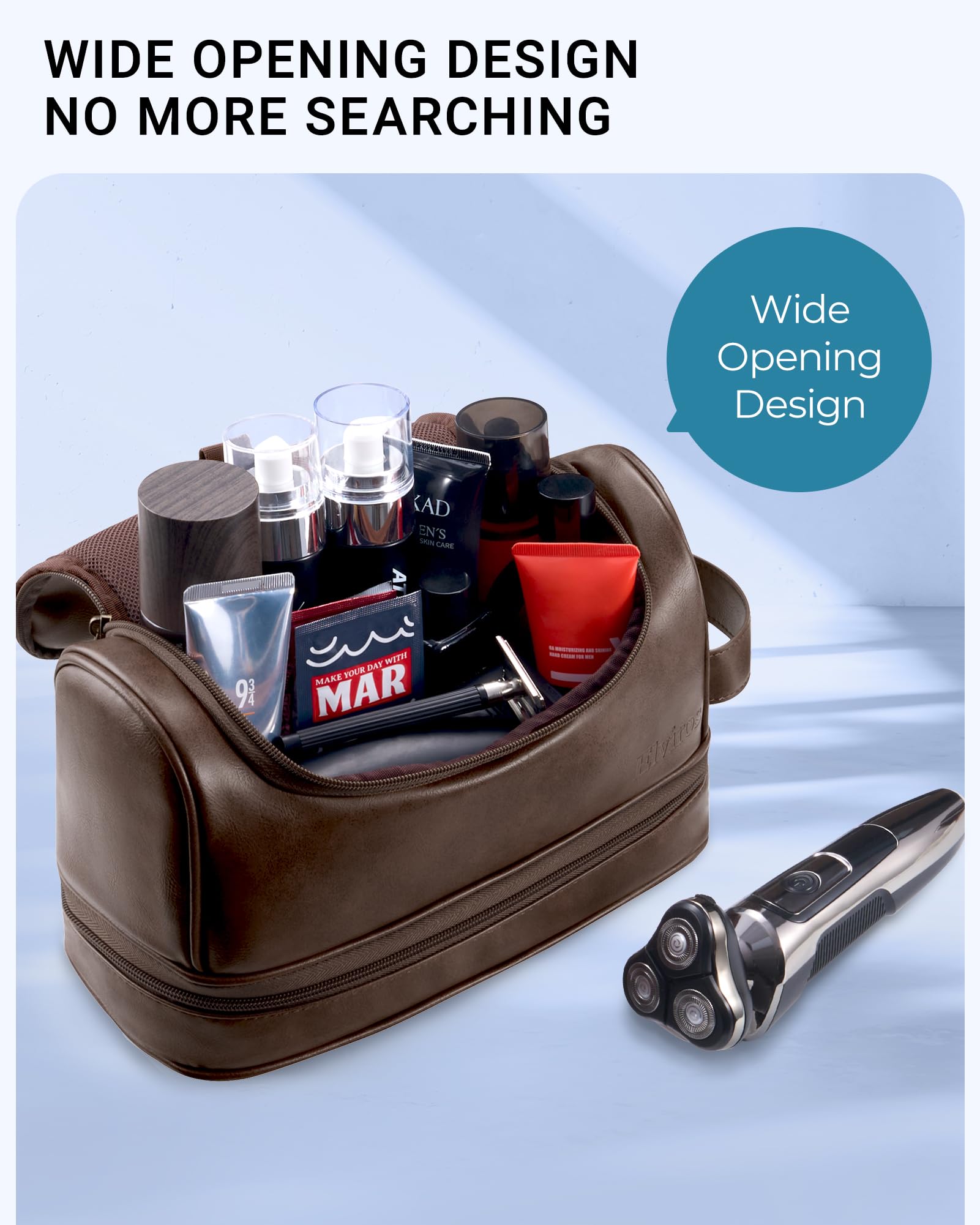 Elviros Beauty case da uomo in pelle PU, organizer da viaggio con gancio per appenderlo, grande borsa da toeletta resistente all'acqua (caffè)