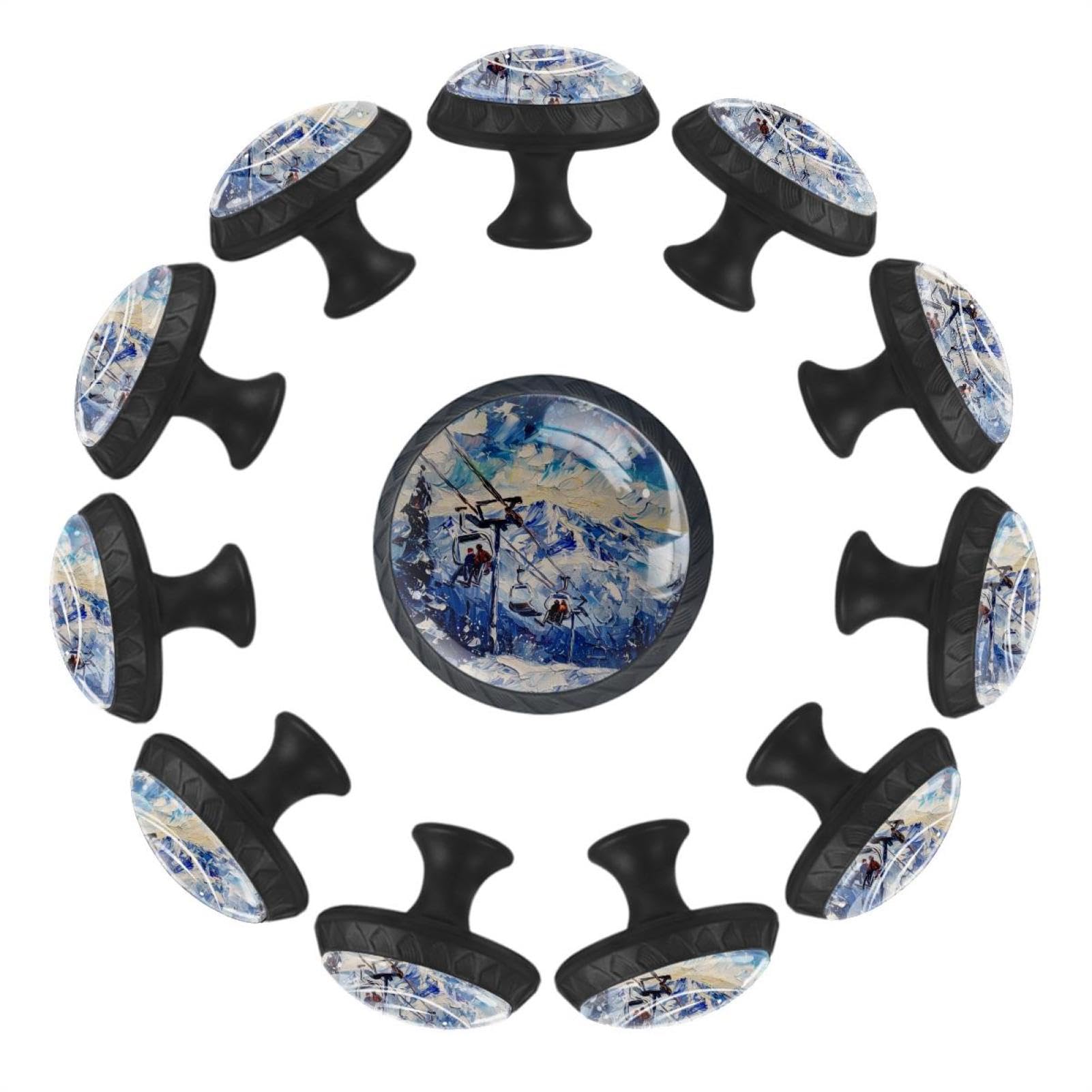 Lot de 12 boutons d'armoire ronds motif montagne enneigée pour tiroir