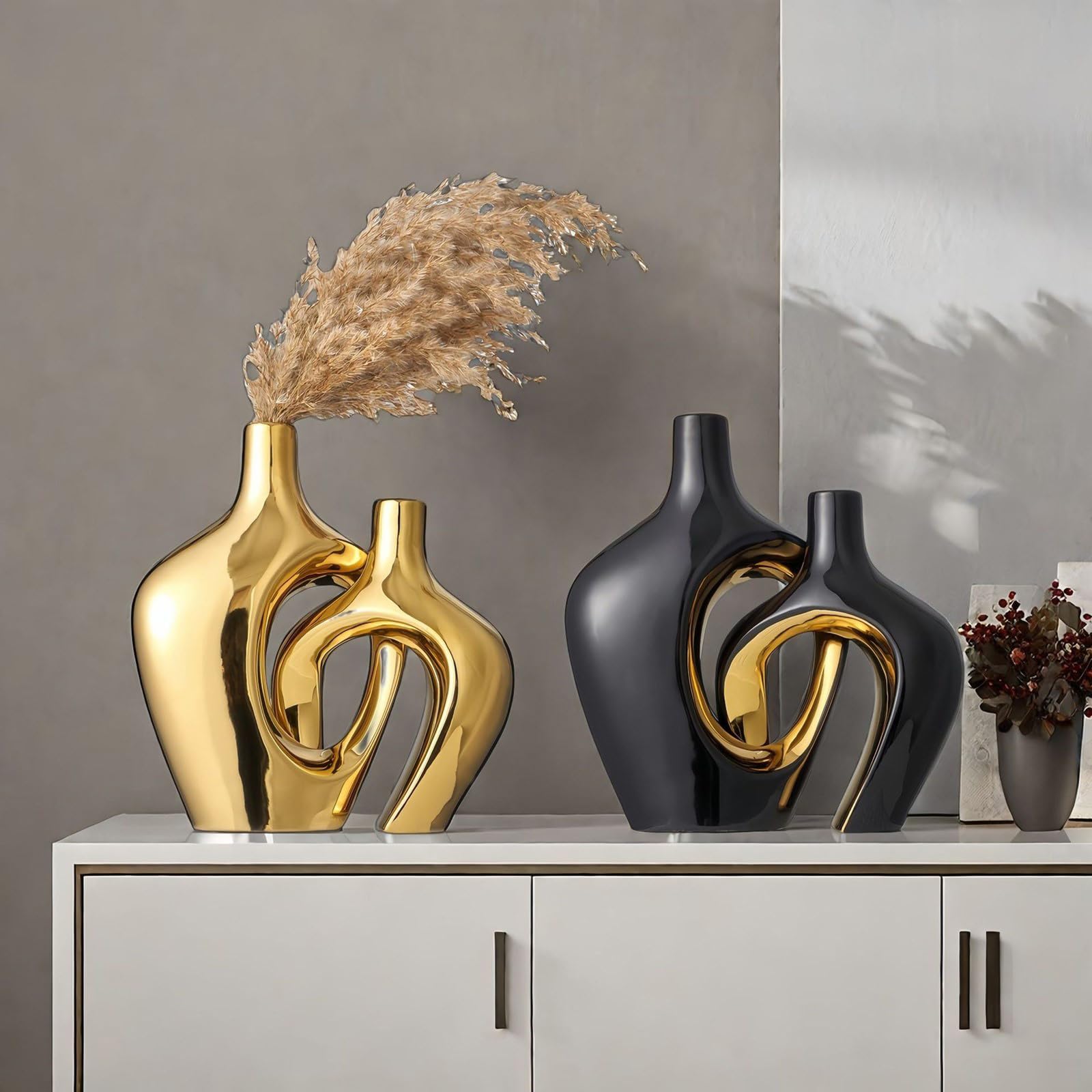 Keramik-Blumenvasen, Set mit 2 dekorativen Vasen für Tischdekoration, Hochzeit, Esszimmer, Wohnzimmer, Haus, Dekoration, ästhetische Vase