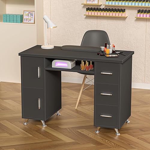 Miniatura 2 de DeerDean Manicure Table Nail Desk with Drawers & Wrist Cushion Nail Table Station for Nail Tech Professional Nail Art Table Beauty Spa Salon (Black