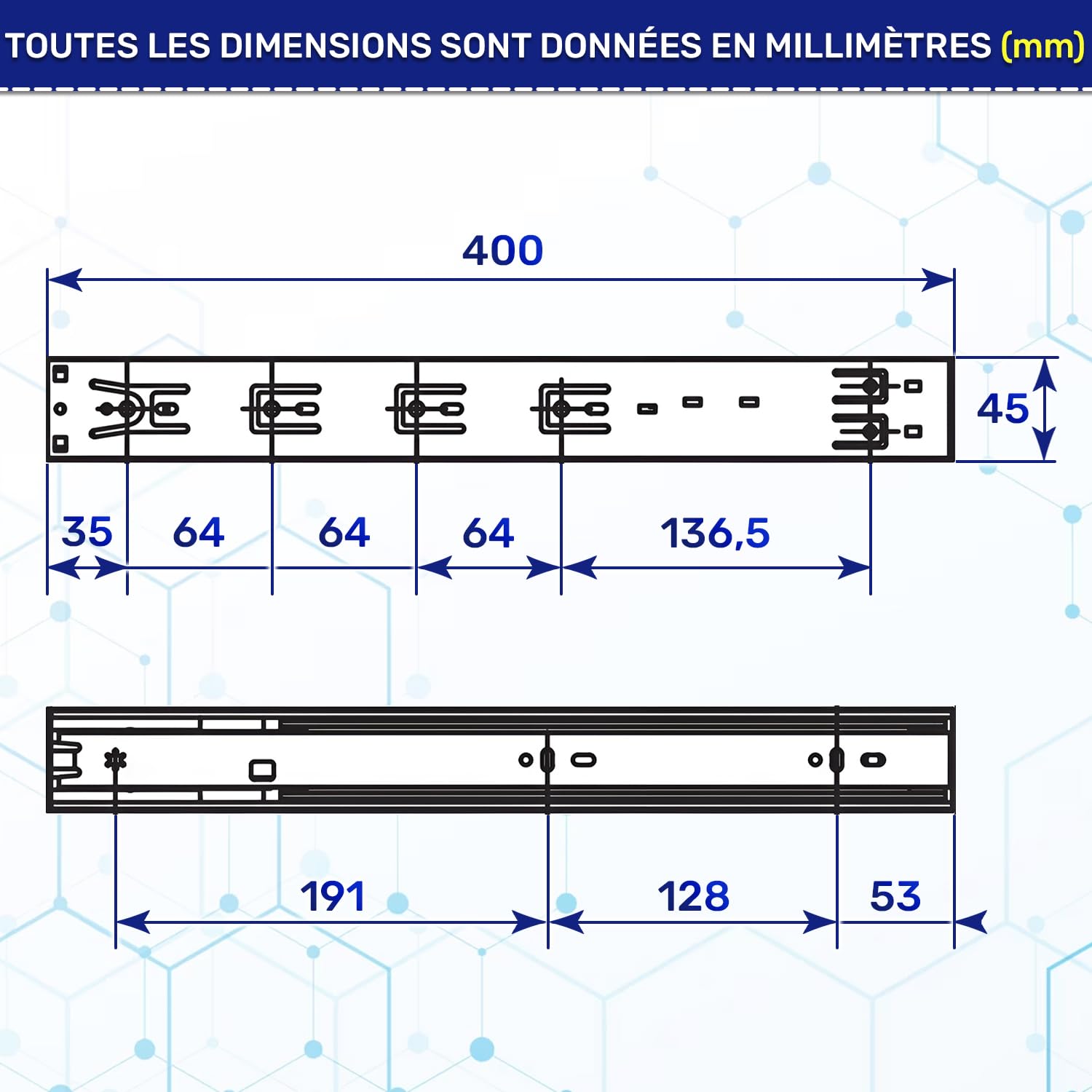 4 Paires Glissiere pour Tiroir sur Roulement à Billes 400x45 mm