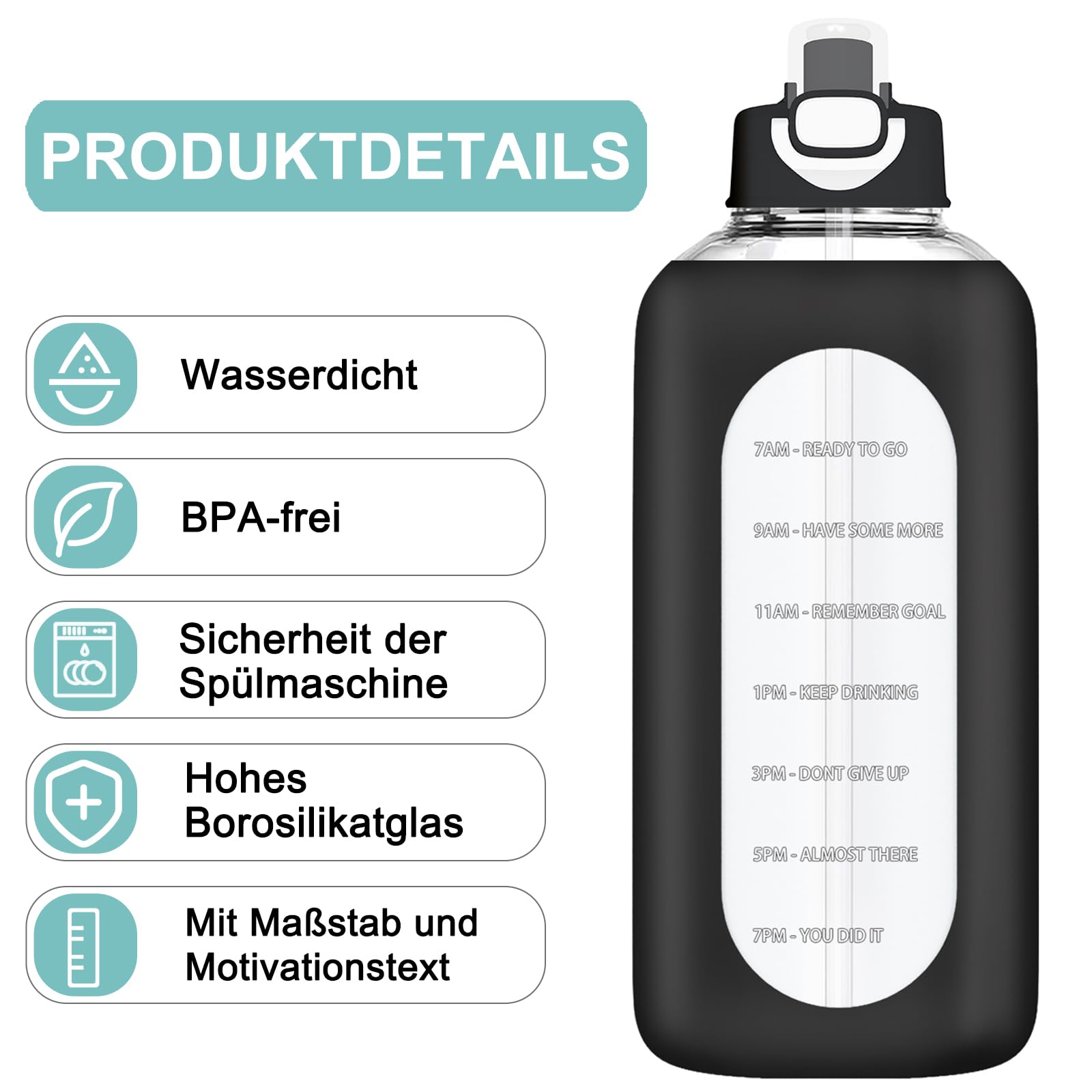 WINSA - Grande Bottiglia D'Acqua In Vetro Borosilicato Da 3 Litri, Con Manico In Acciaio Inox E Coperchio 2 In 1 (Cannuccia E Beccuccio), Manicotto In Silicone Antiscivolo