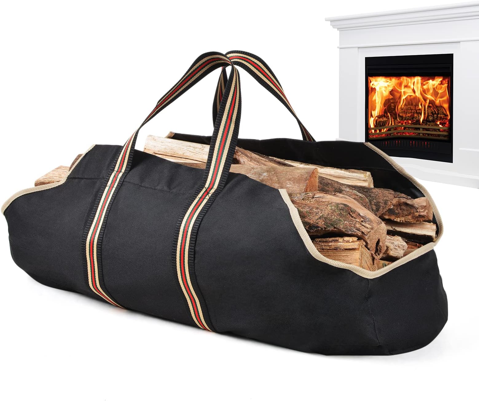 Toile Sac à Bûche Cheminée, Transport pour Bois de Chauffage 98×46cm, Grande Capacité avec