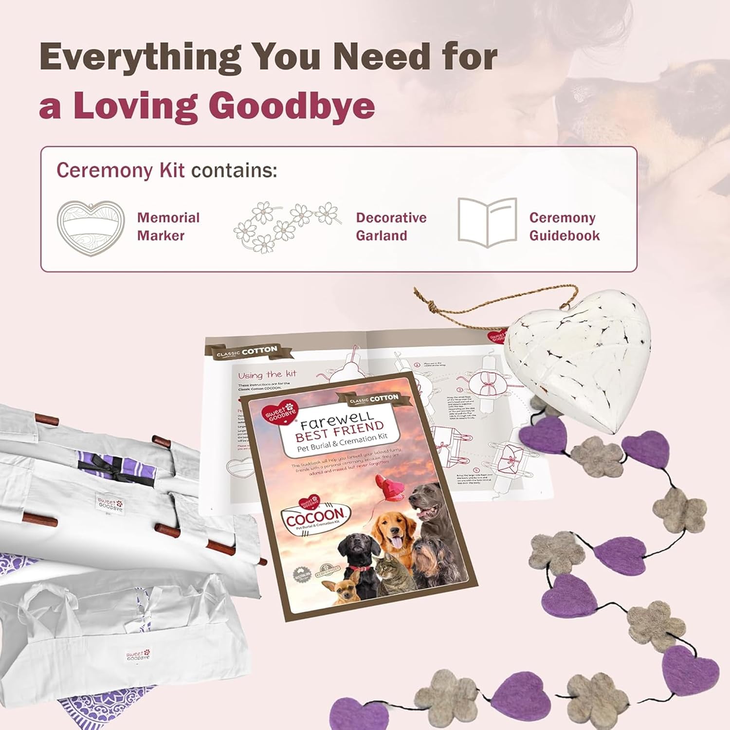 Cocoon® - Eco-Friendly Pet Burial & Cremation Ceremony Kit (Classic Cotton)- Casket for All Pets & Breeds - Dogs Cats Rabbits Birds & More (Choose Size & Color) (XL, White/Lavender)
