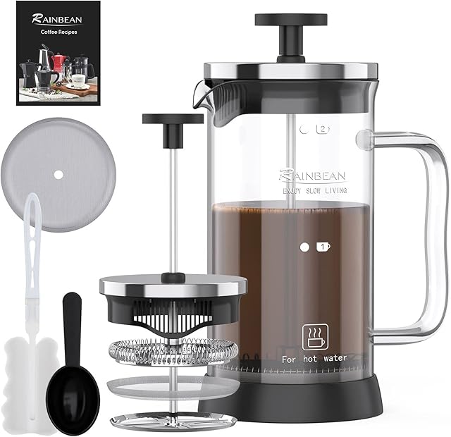 RAINBEAN Cafetiere Coffee Maker 2 Cups/350ml, Small French Press Coffee Maker - Heat Resistant Stainless Steel Filter Coffee Press (Glass Body & Glass Handle)