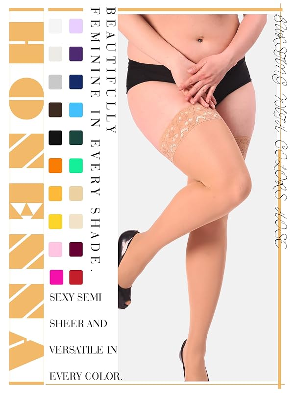 HONENNA Semi Sheer Stay Up Lingerie Plus Size Thigh High Stockings Lace Top Pantyhose for Women by HONENNA - Used condition - Image 2