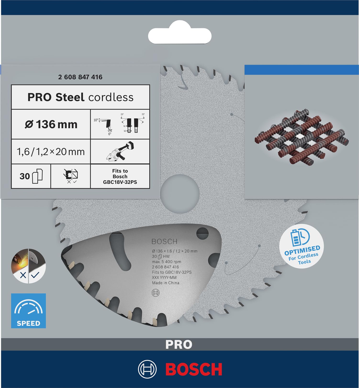 Bosch 1x PRO Steel Akku-Bewehrungsstahlschneider, 136 x 1,6/1,1 x 20 (für Stahl, Ø 136 mm, Professional Zubehör Armierungsschneider)