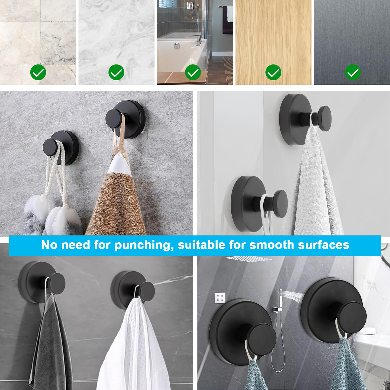 Demarsen 4 Pcs Suction Cup Hooks No Drill Suction Hooks Stainless Steel Heavy Duty Suction Hooks for Bathroom Kitchen Suction Cup Hooks for Shower Bathroom Kitchen Glass Door (Black) - Image 4