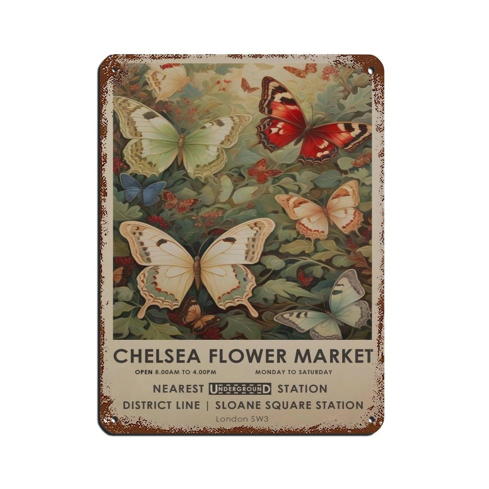 Chelsea Flower Market, Butterfly And Botanical, Gift Retro Poster Metal Tin Sign Chic Art Retro Iron Painting Bar People Cave Cafe Family Garage Poster Wall Decoration 12x16inch(30x40cm)