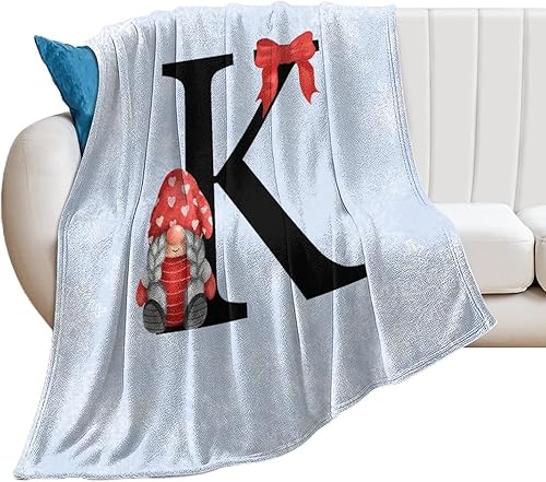 Manta de franela para sofá, manta de cama de gnomos de Navidad con letra K, acogedora manta de microfibra de felpa cálida de 30 x 40 pulgadas,