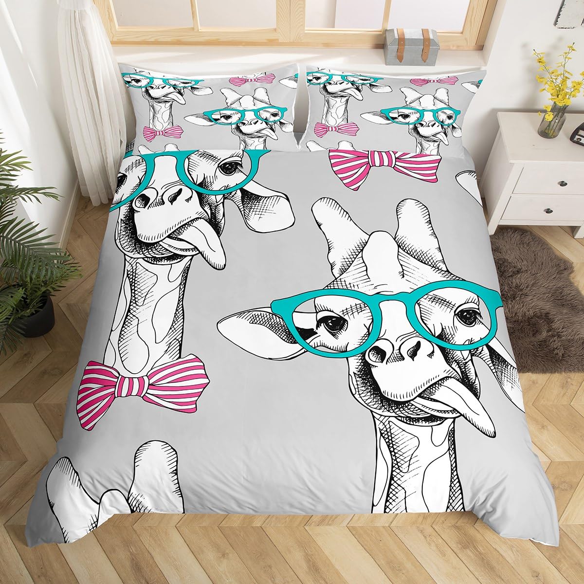Loussiesd Giraffe Bedding Setfor Girls Girly Cute Animals Duvet Cover,Lovely Bow Deer Comforter Cover Child Kids Bedroom Quilt Cover Ultra Soft Microfiber Funny Gift Decor 2 Pcs Junior/Cot Bed - Image 2
