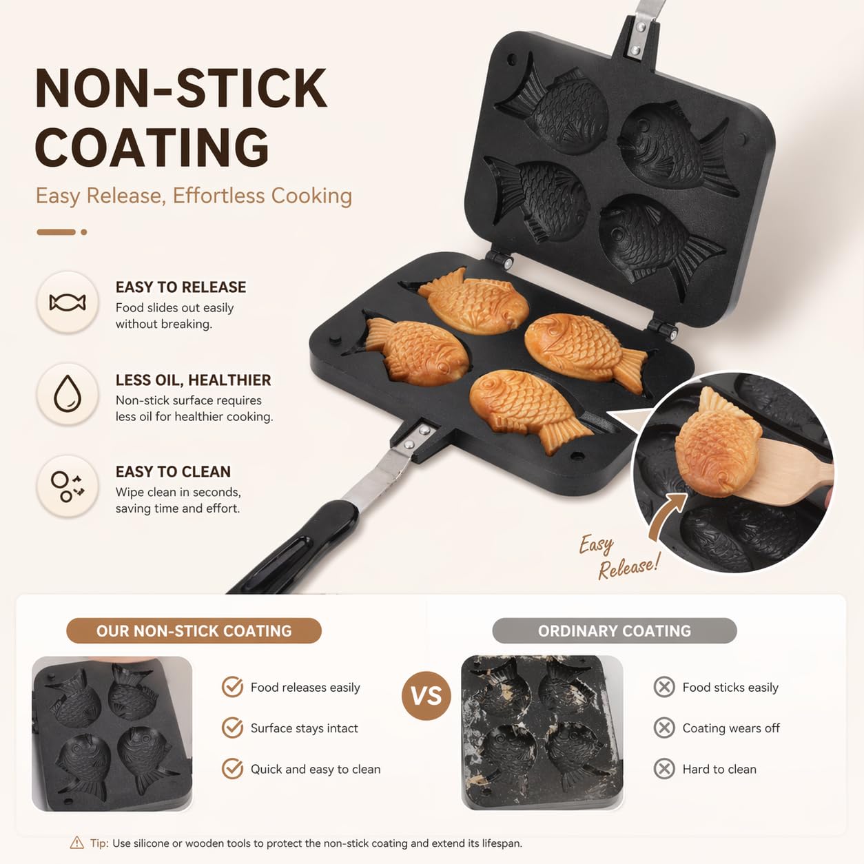 Yctze Moule à gâteau double Taiyaki en forme de poisson, antiadhésif, mini gaufrier avec long manche, moule électrique japonais coréen pour enfants et professionnels