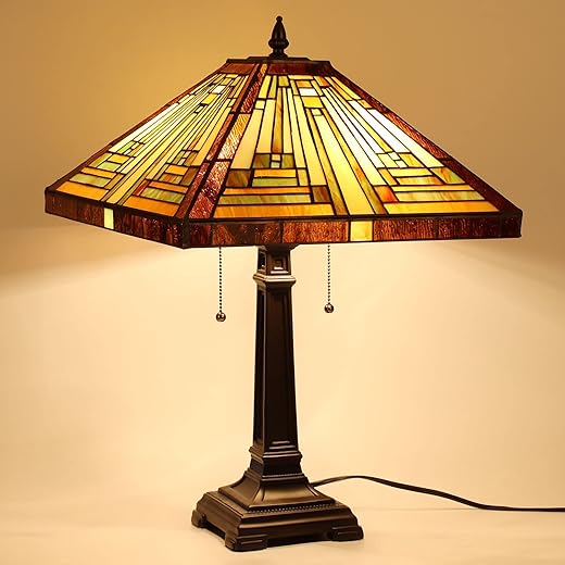 Capulina Tiffany Style Table Lamp Mission Style Tiffany Lamp 2-Light 16X16X24 Inches Amber Brown Stained Glass Desk Lamp Decor for Bedrooms Living Room Study Home Office