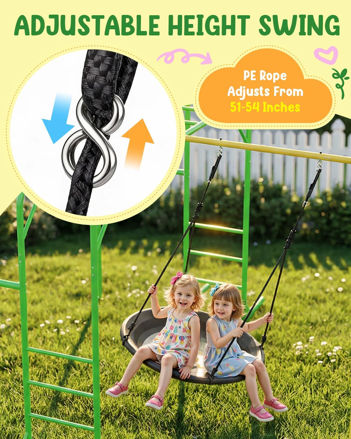 Monkey Bars Set for Backyard with Climbing Frame & Saucer Tree Swing, Metal Swing Set with Monkey Bars for Kids Age 3 and Up, Playground for Backyard with Gymnastics Bar, Green