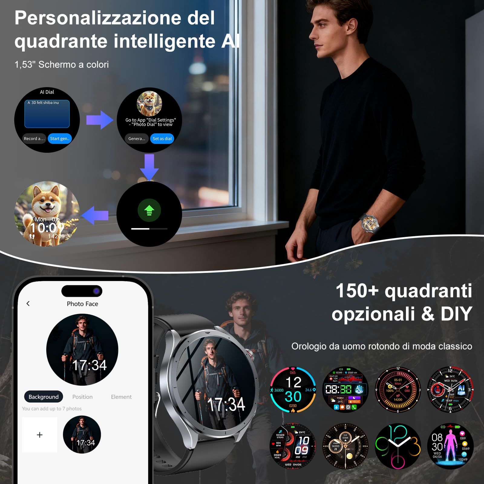 YUPENG AI Smartwatch Uomo ChatGPT ECG/𝐆li𝐜e𝐦ia/HRV/Lipidi/Acido Urico/BMI, 1.53" Orologio Fitness Chiamate/Torcia, 24H Pressione Sanguigna/Sonno/Temperatura/Cardiofrequenzimetro/SOS, Android iOS
