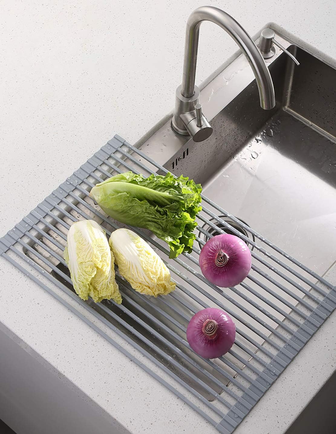 Ahyuan Large Roll up Dish Drying Rack 20.5'' Silicone Over Sink Dish Drying Rack Cubic Silicone Wrapped Steel Solid Bars Dish Racks for Kitchen Counter Sink Drying Rack (Warm Grey, Large20.5 Lx13 W)