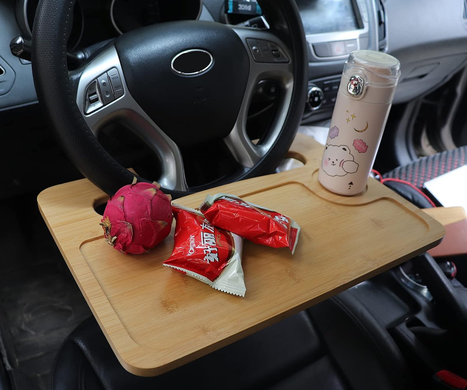 Bamboo Double-Sided Steering Wheel Tray, NEWZINIU car Table,Dining Tray and Laptop Desk, Smooth Finish Steering Wheel Desk for Laptop, iPad or Notebook