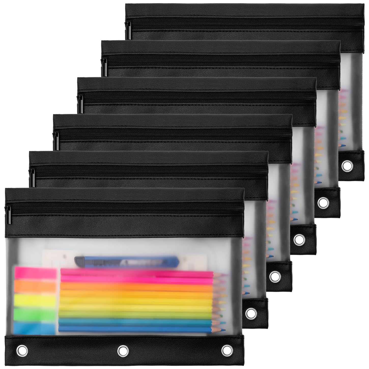YoeeJob Estuche para lápices para carpeta de 3 anillas, paquete de 6 bolsas con cremallera, estuche de 3 anillos para carpeta, estuche de tres anillos adecuado para la escuela y la oficina (negro)