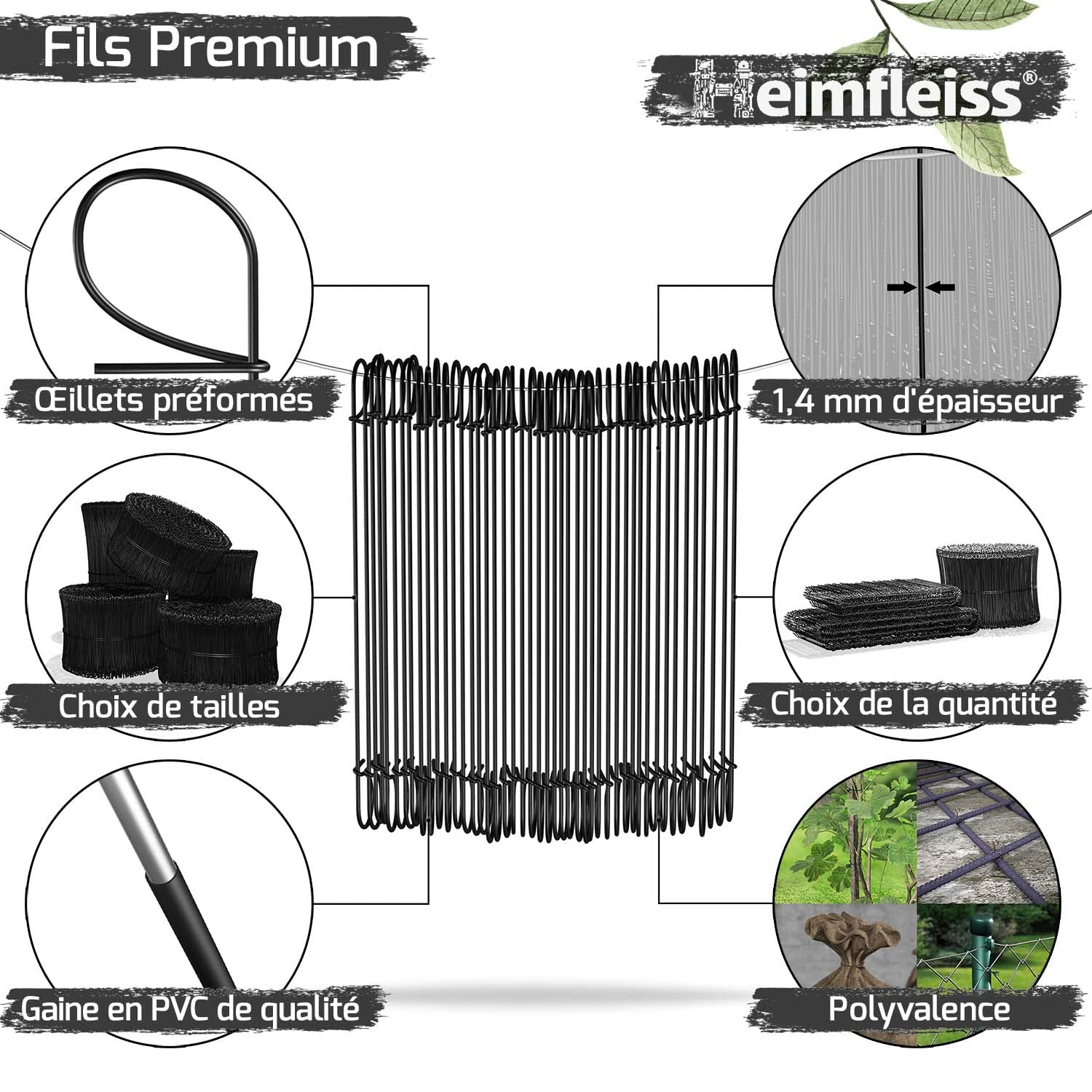 Heimfleiss® Torsadeuse + fil de fer recuit de PVC 1,4 x 100-300mm (1000 pcs.) - Set de qualité torsadeuse fil de fer & fil de ligature - Fermeture de fil de fer Fil de fer à œillet
