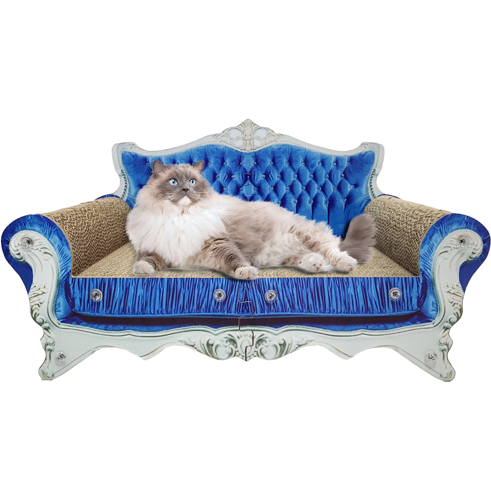 Luxury Cardboard Cat Scratcher Sofa Couch Bed, Couch Shaped Scratching Bed Board, Scratch Lounge with Catnip, Scratcher for Indoor Cat Kitty Kittens Blue