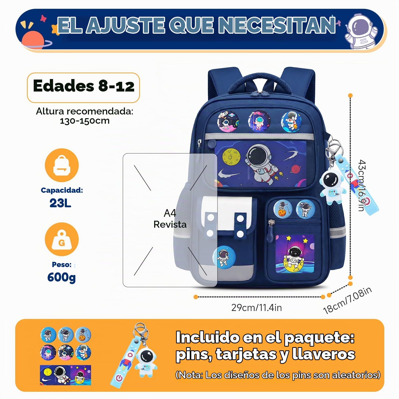 Amythe Mochila Niño 8-12 Años Primaria – Mochila Ergonómica Ligera con Bandas Reflectantes, Compartimento A4, Oxford 300D – Diseño Astronauta – Regalo Vuelta al Cole -Azul