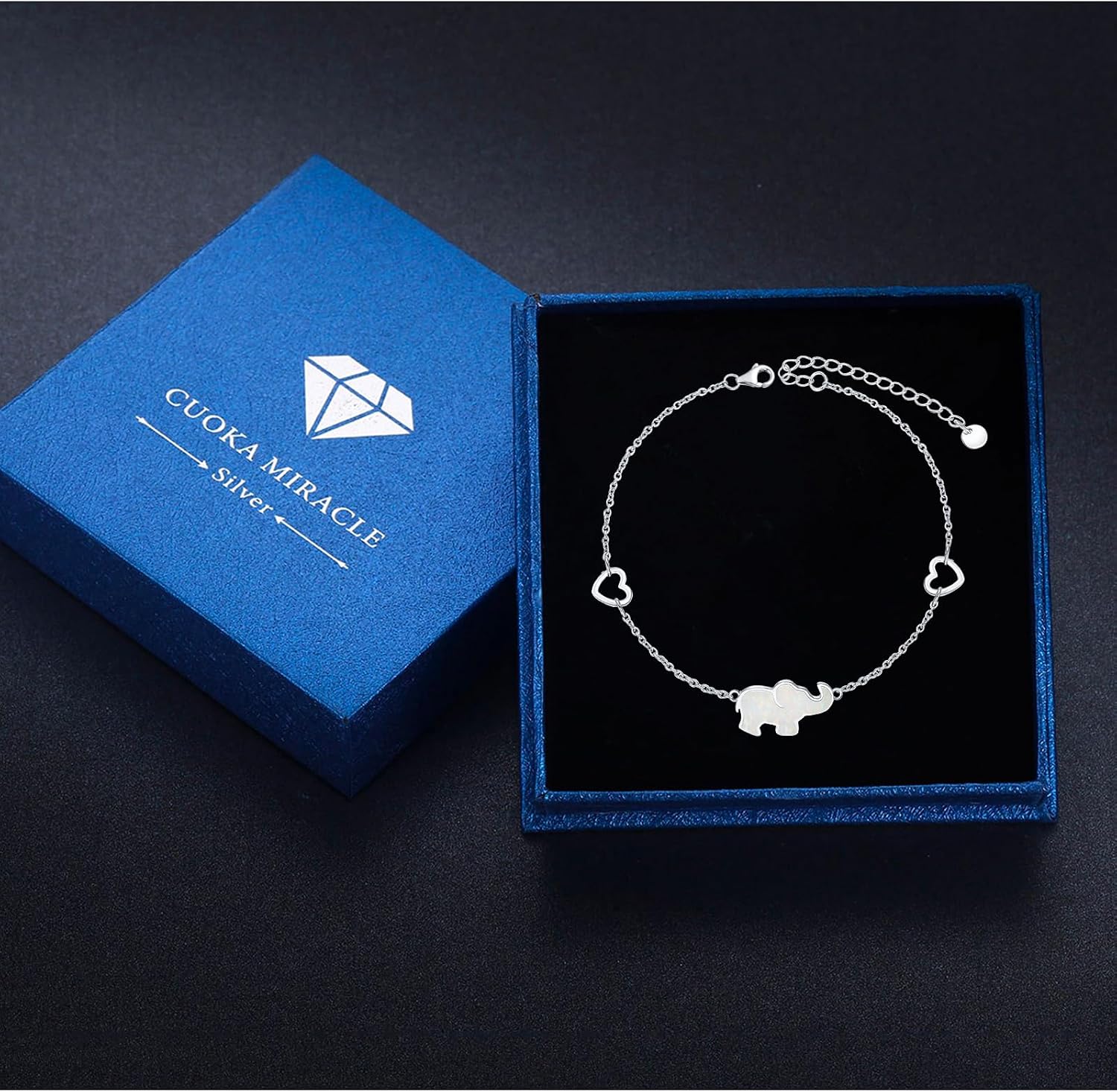 CUOKA MIRACLE Elephants Bracelet for Women 925 Sterling Silver Lucky Elephant Heart Bracelet with Blue Opal Animal Adjustable Jewelry Gifts for Women