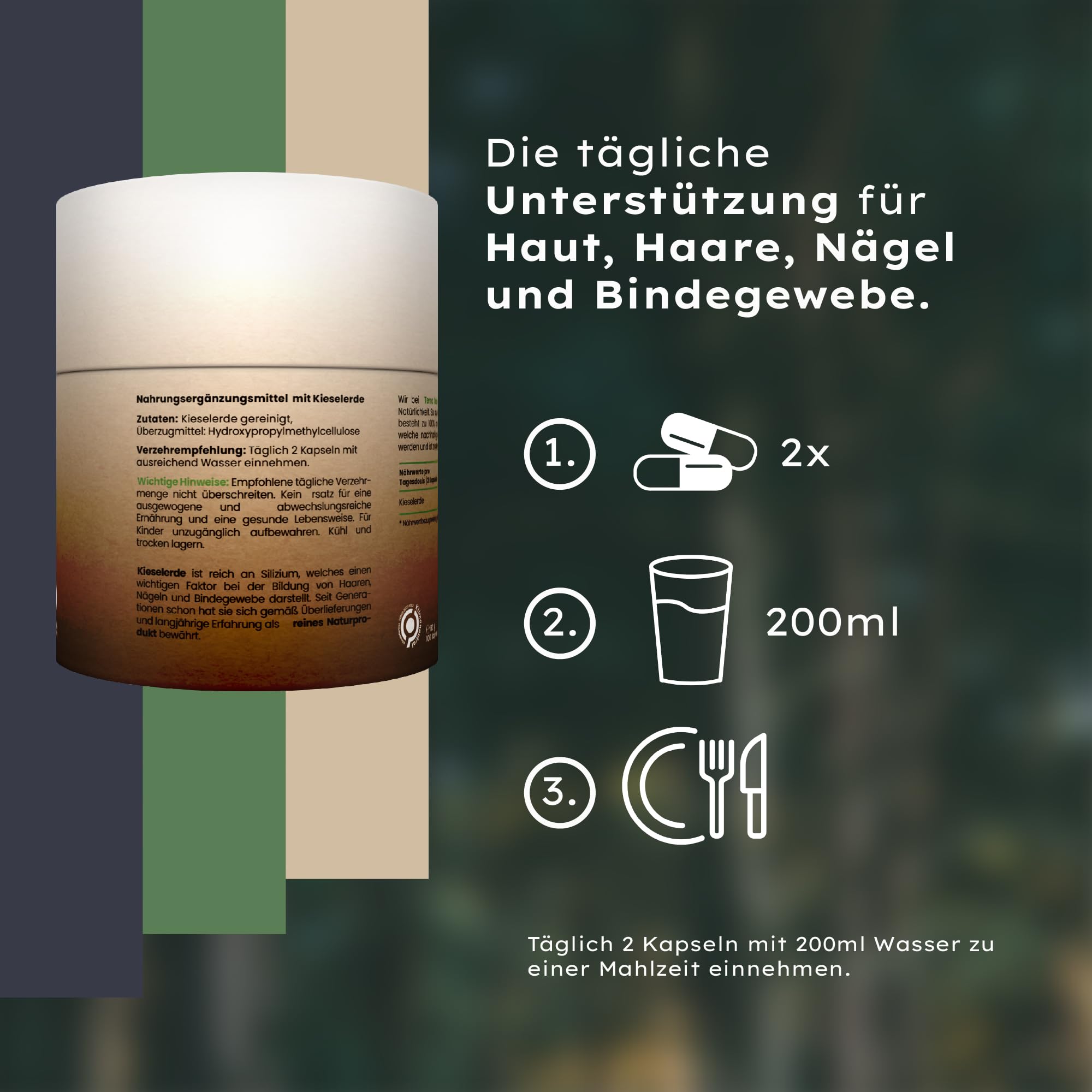 Kieselerde Kapseln natürlich & plastikfrei | Großpackung mit 120 Kapseln | nachhaltig, laborgeprüft & aus DE | Silizium für Haare, Nägel, Haut & Bindegewebe | vegan, gluten- und laktosefrei